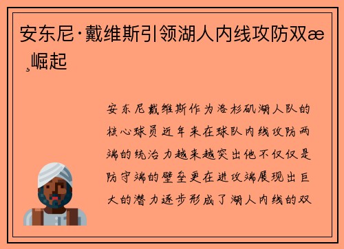 安东尼·戴维斯引领湖人内线攻防双核崛起